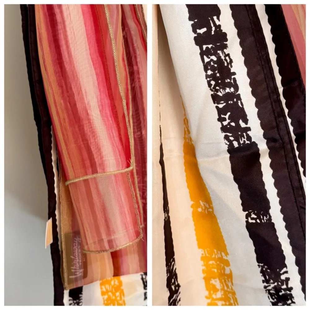 BUNDLE (2) Retro Print Scarves: Sheer Pink Stripe & Art Stripe (Mustard & Black)